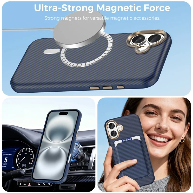 For iPhone 16 Plus Magnetic Case Carbon Fiber Texture Leather Back Phone Cover with Detachable Card Holder - Sapphire