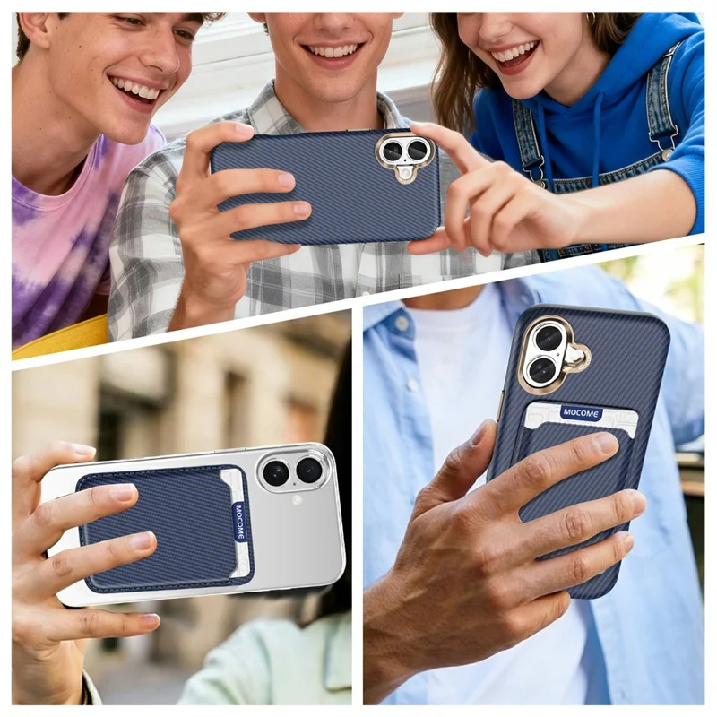 For iPhone 16 Plus Magnetic Case Carbon Fiber Texture Leather Back Phone Cover with Detachable Card Holder - Sapphire