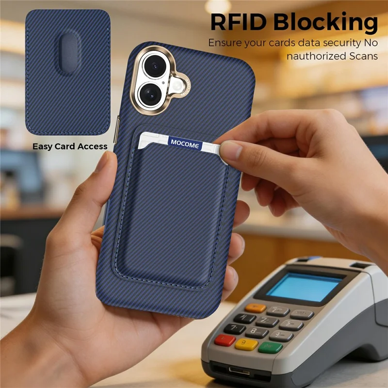 For iPhone 16 Plus Magnetic Case Carbon Fiber Texture Leather Back Phone Cover with Detachable Card Holder - Sapphire
