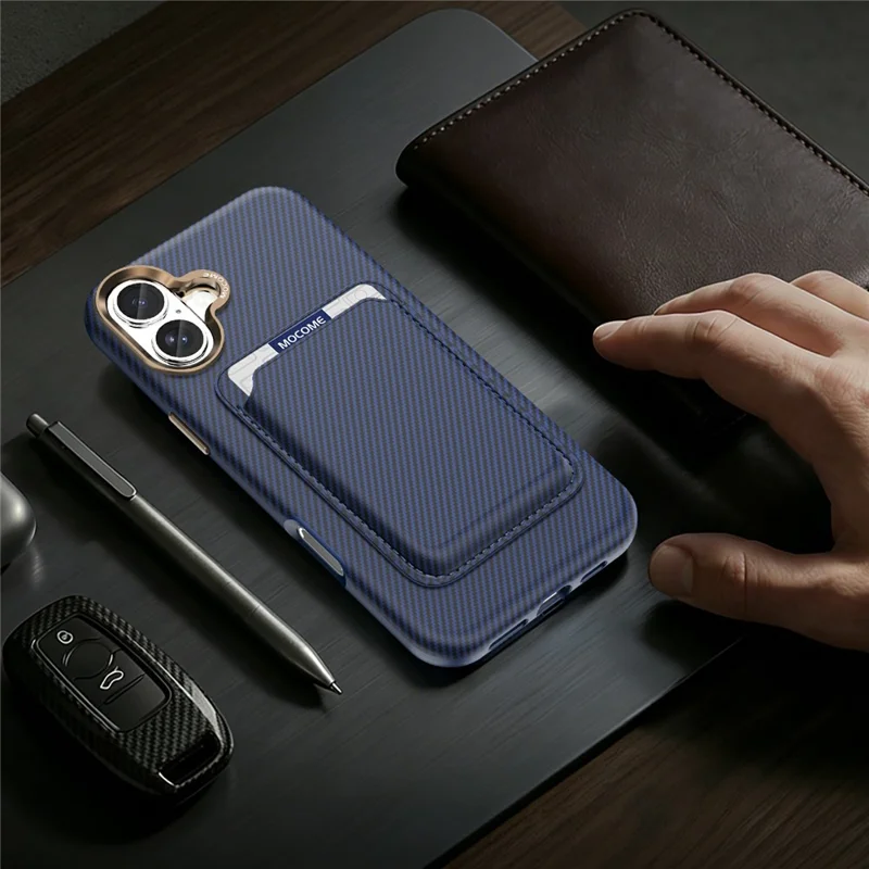 For iPhone 16 Plus Magnetic Case Carbon Fiber Texture Leather Back Phone Cover with Detachable Card Holder - Sapphire