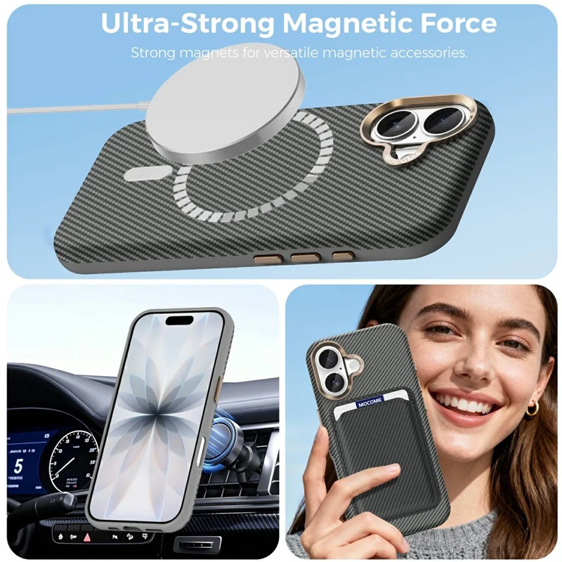 Coque pour iPhone 17 compatible avec MagSafe, texture en fibre de carbone, housse de protection anti-choc en TPU et PC - Gris