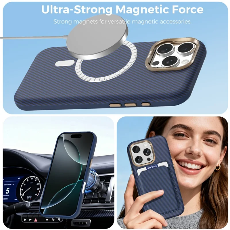 Étui pour iPhone 16 Pro Max compatible avec MagSafe, texture en fibre de carbone, housse de protection anti-choc en TPU et PC - Saphir