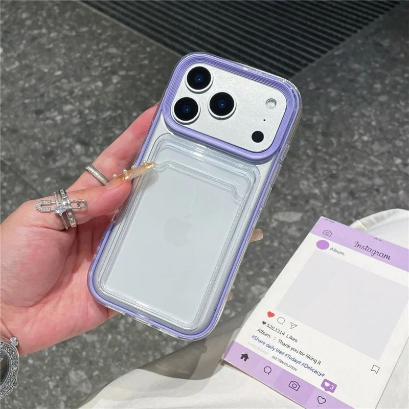 For iPhone 17 Pro Max Clear Case with Transparent Card Holder Shockproof PC TPU Protective Cover - Purple