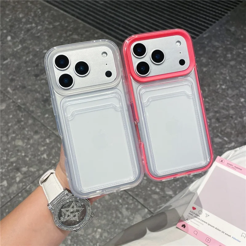 For iPhone 17 Pro Max Clear Case with Transparent Card Holder Shockproof PC TPU Protective Cover - Purple