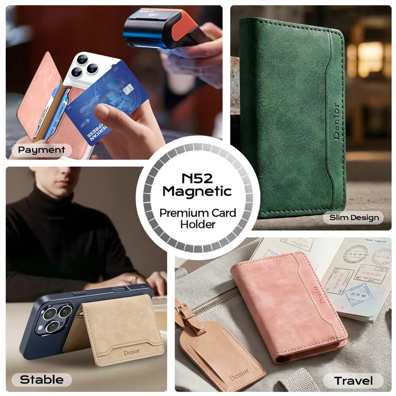 DENIOR V08+1 Vintage Magnetic Phone Card Wallet PU Leather Stand Holder - Pink
