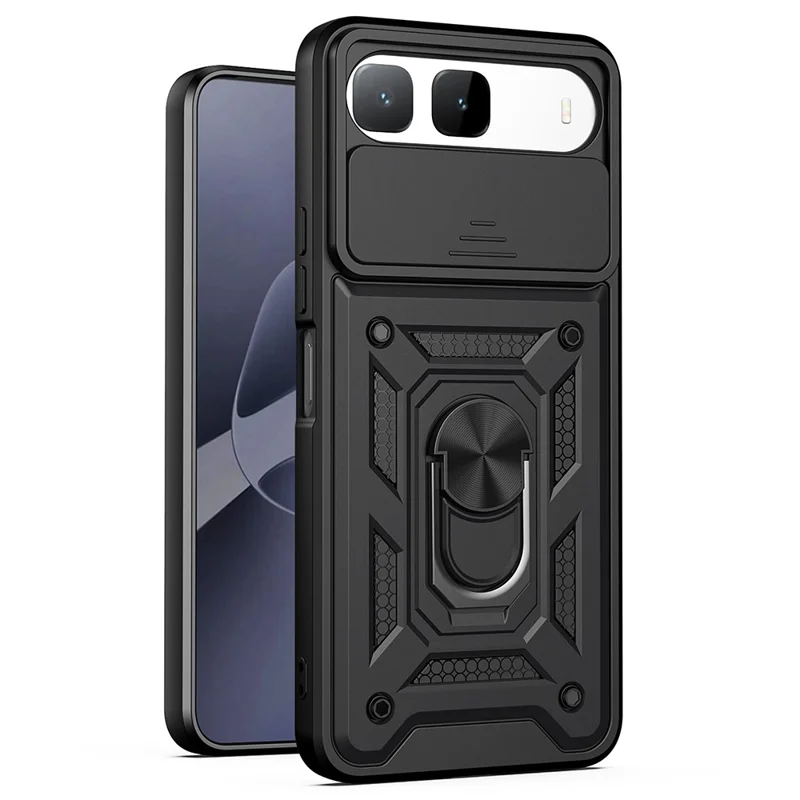 For Infinix Hot 60i 5G Case with Slide Camera Lid PC + TPU Kickstand Phone Cover - Black