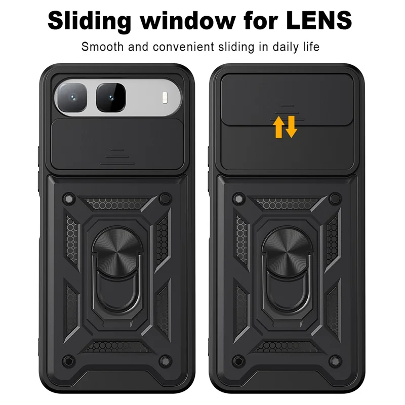 For Infinix Hot 60i 5G Case with Slide Camera Lid PC + TPU Kickstand Phone Cover - Black