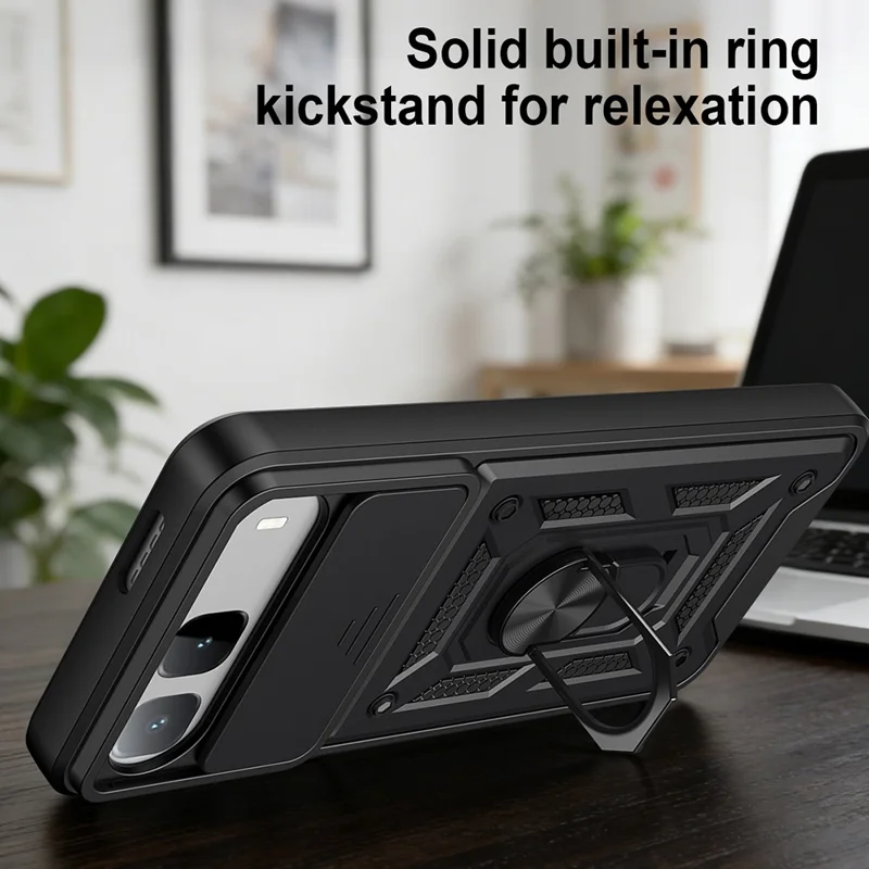 For Infinix Hot 60i 5G Case with Slide Camera Lid PC + TPU Kickstand Phone Cover - Black