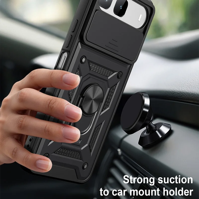 For Infinix Hot 60i 5G Case with Slide Camera Lid PC + TPU Kickstand Phone Cover - Black