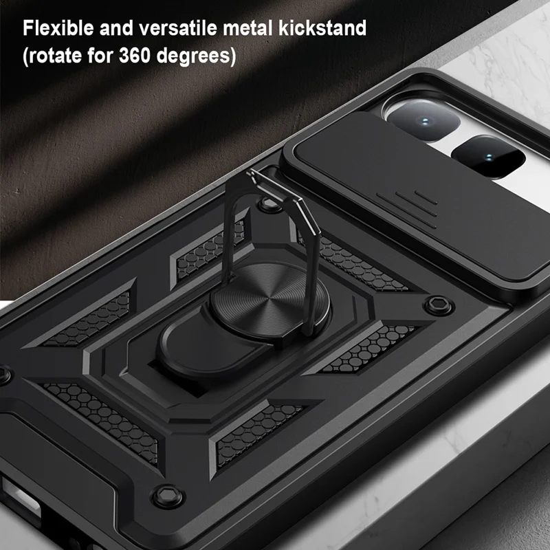 For Infinix Hot 60i 5G Case with Slide Camera Lid PC + TPU Kickstand Phone Cover - Black