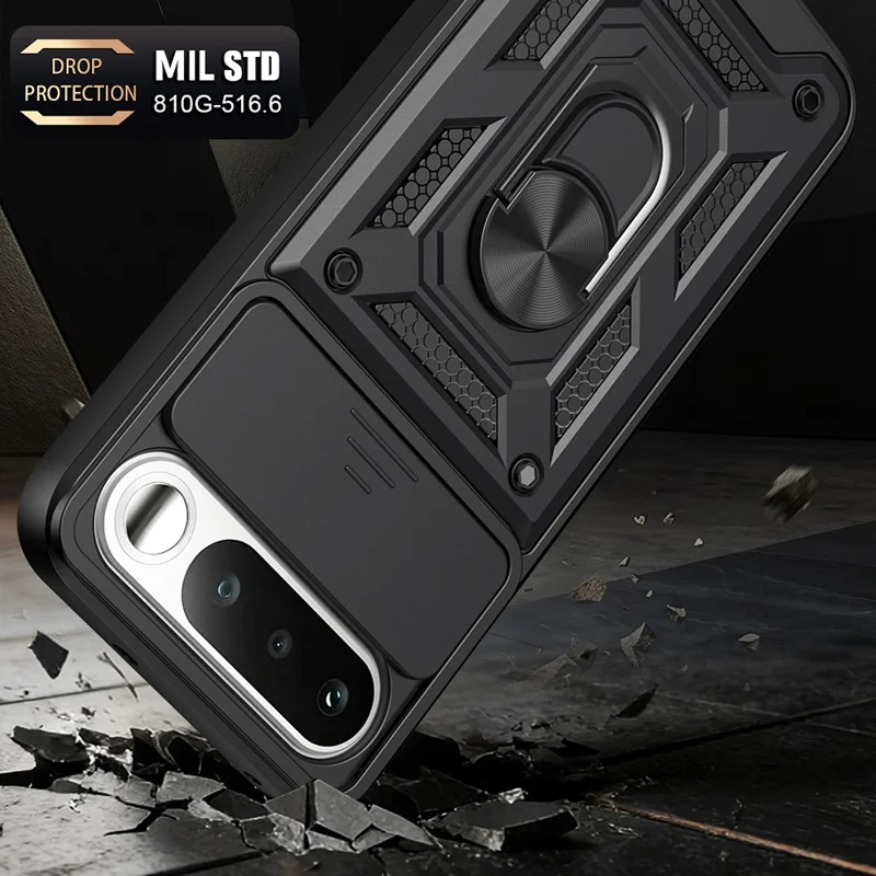 Чехол для Realme 16 5G с выдвижной крышкой камеры, подставка PC + TPU, черный