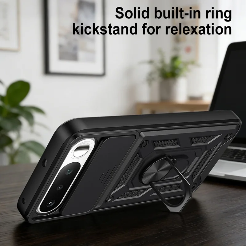 Чехол для Realme 16 5G с выдвижной крышкой камеры, подставка PC + TPU, черный