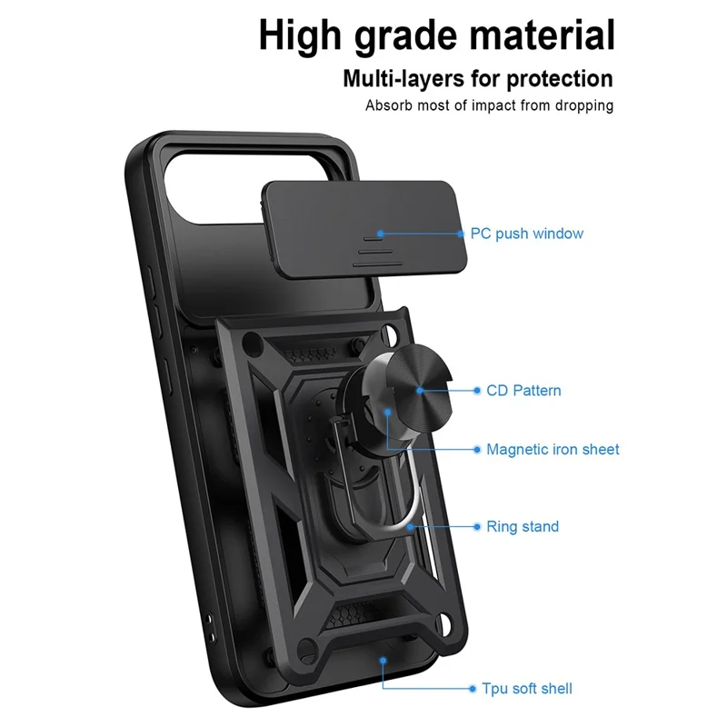 Чехол для Realme 16 5G с выдвижной крышкой камеры, подставка PC + TPU, черный