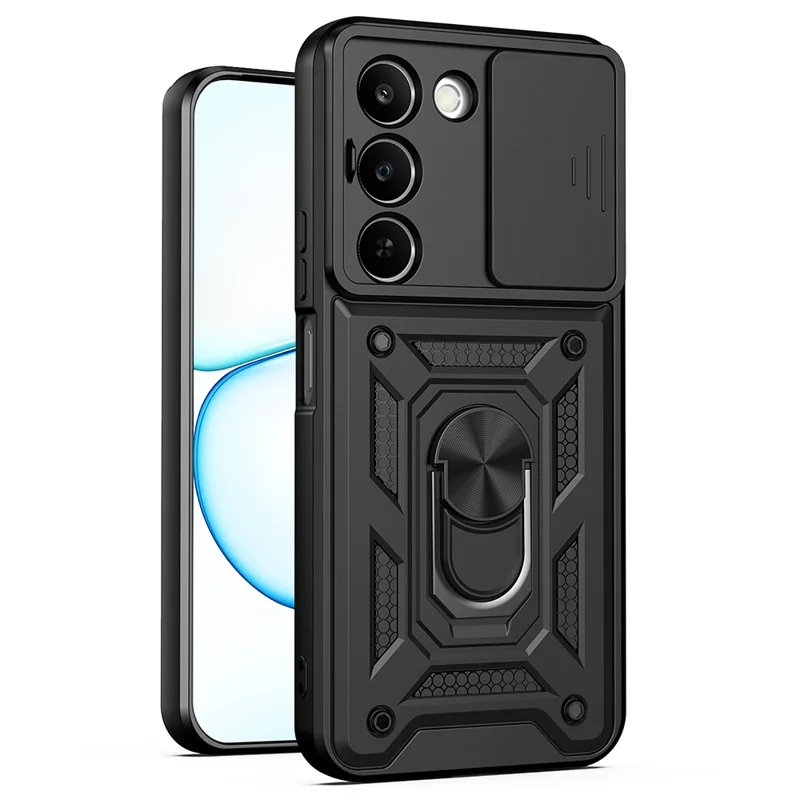 Étui pour Realme C83 5G avec couvercle coulissant pour appareil photo, support pivotant en PC + TPU - Noir