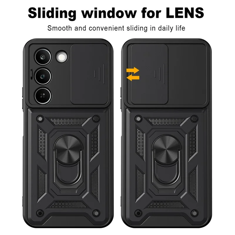 Étui pour Realme C83 5G avec couvercle coulissant pour appareil photo, support pivotant en PC + TPU - Noir