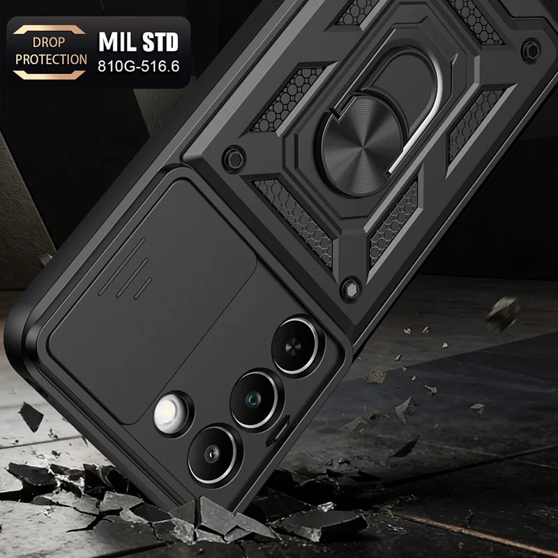 Étui pour Realme C83 5G avec couvercle coulissant pour appareil photo, support pivotant en PC + TPU - Noir