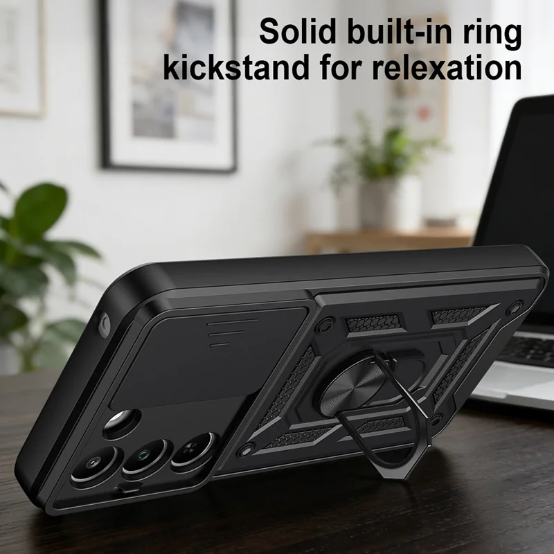 Étui pour Realme C83 5G avec couvercle coulissant pour appareil photo, support pivotant en PC + TPU - Noir