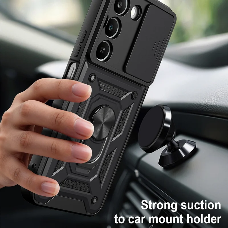 Étui pour Realme C83 5G avec couvercle coulissant pour appareil photo, support pivotant en PC + TPU - Noir