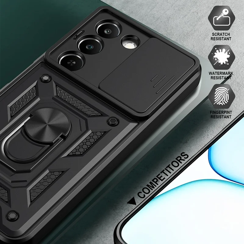 Étui pour Realme C83 5G avec couvercle coulissant pour appareil photo, support pivotant en PC + TPU - Noir