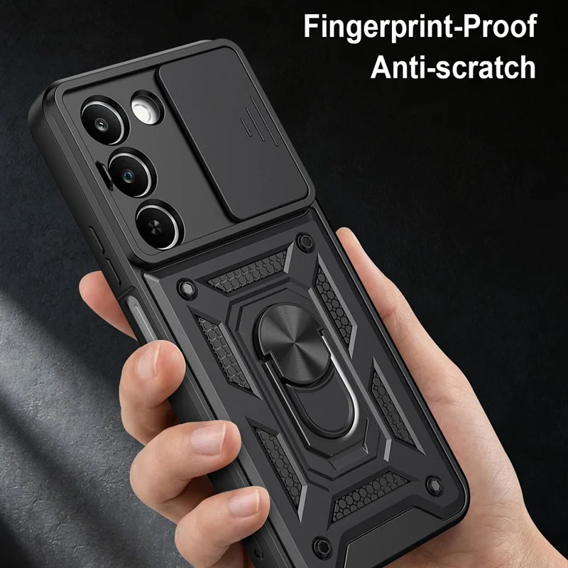 Étui pour Realme C83 5G avec couvercle coulissant pour appareil photo, support pivotant en PC + TPU - Noir