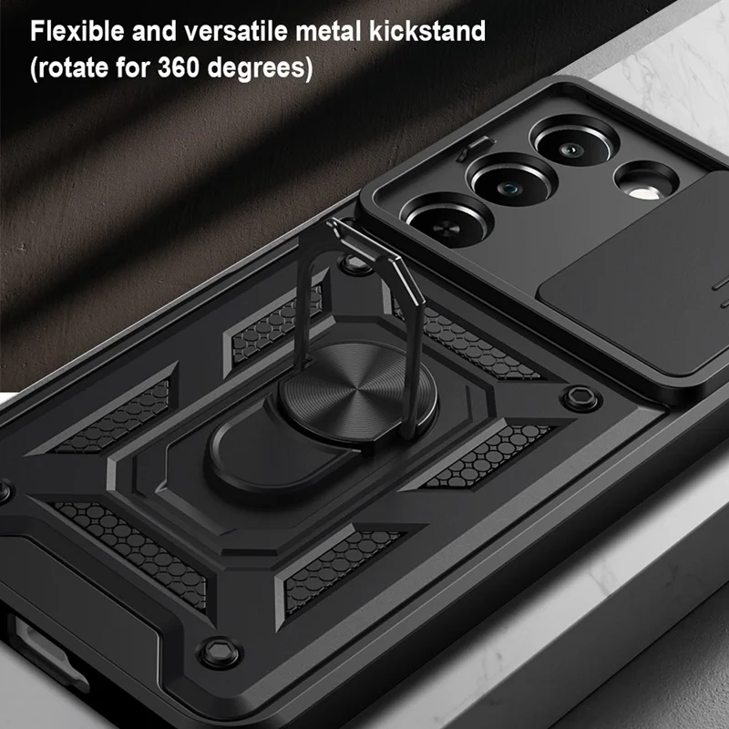 Étui pour Realme C83 5G avec couvercle coulissant pour appareil photo, support pivotant en PC + TPU - Noir