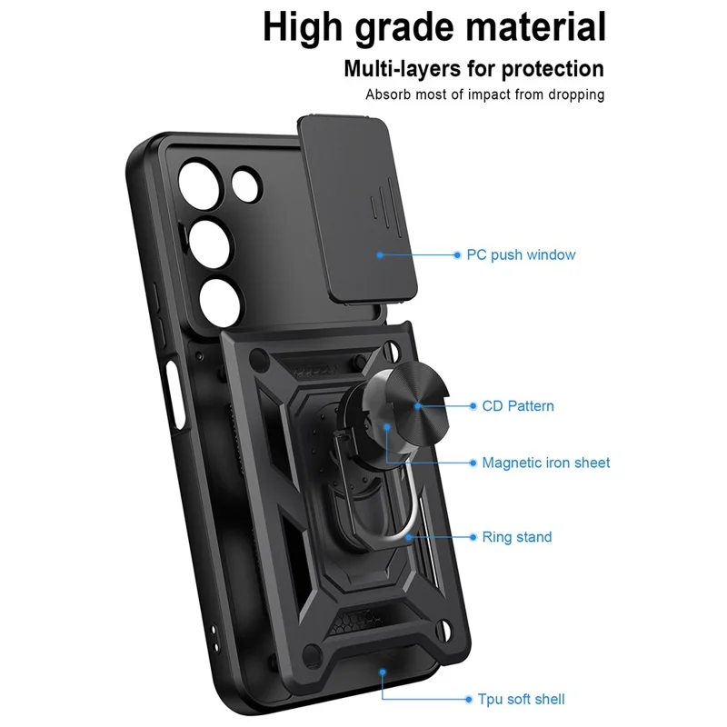 Étui pour Realme C83 5G avec couvercle coulissant pour appareil photo, support pivotant en PC + TPU - Noir