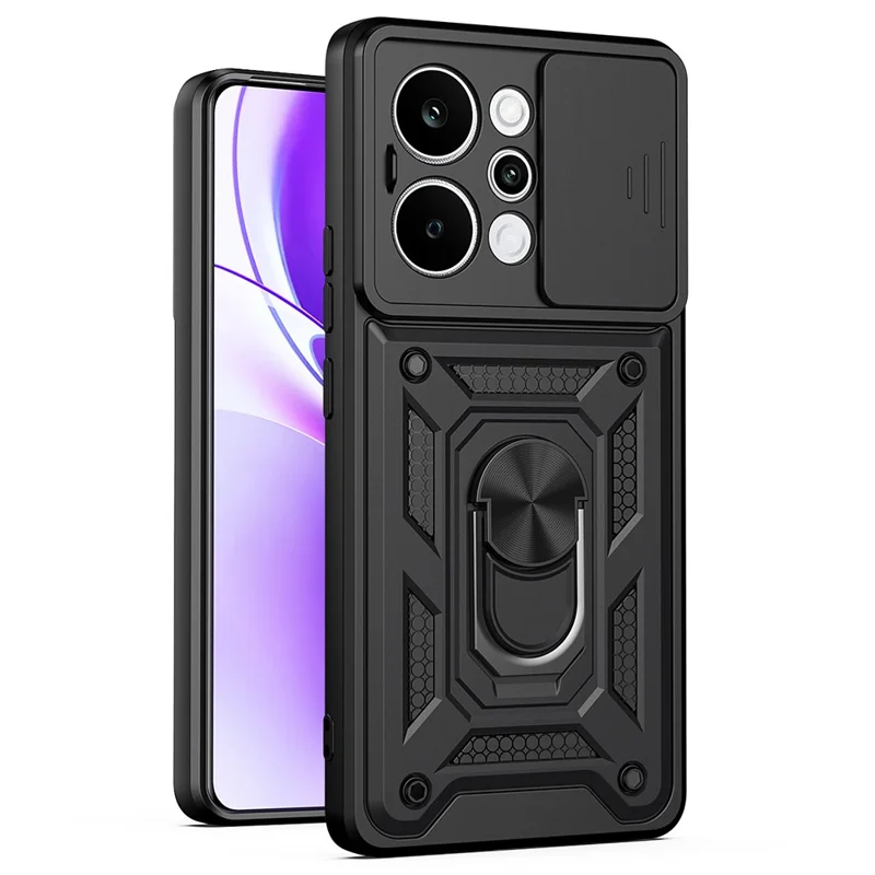 Étui pour Realme P4 Power 5G avec couvercle coulissant pour appareil photo, support pivotant en PC + TPU - Noir