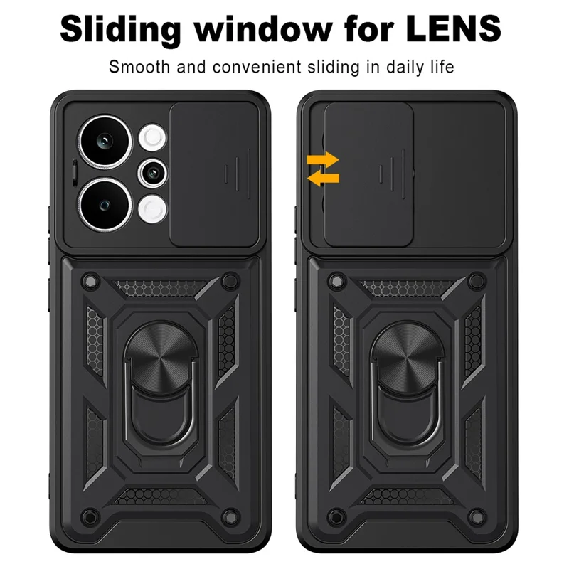 Étui pour Realme P4 Power 5G avec couvercle coulissant pour appareil photo, support pivotant en PC + TPU - Noir