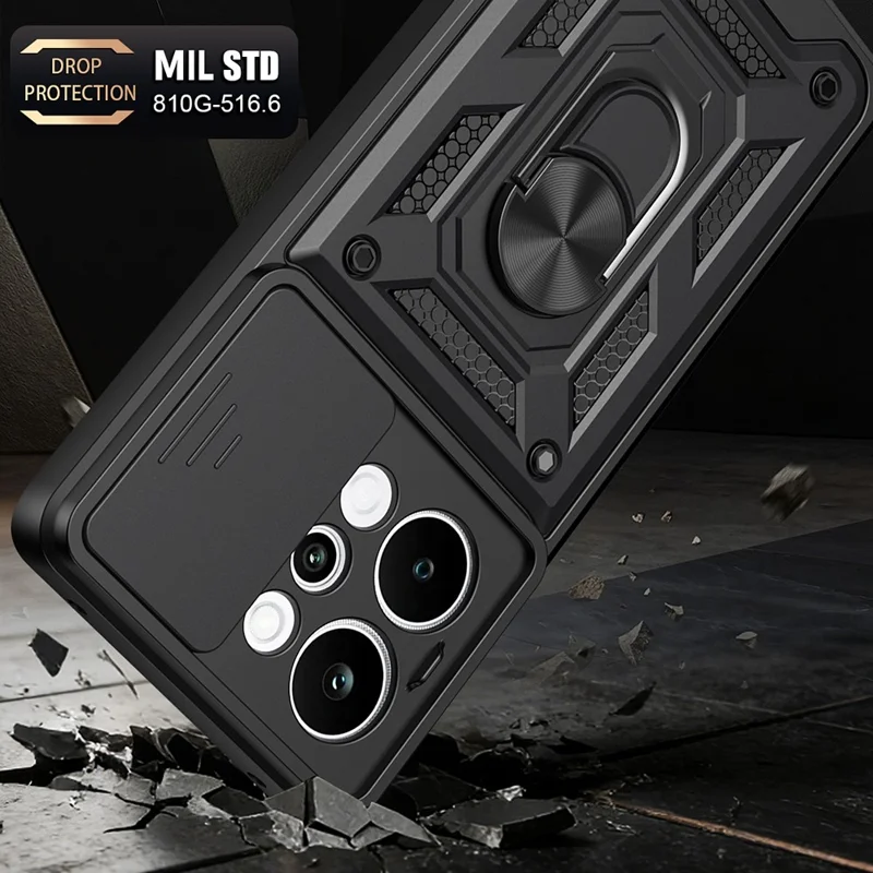 Étui pour Realme P4 Power 5G avec couvercle coulissant pour appareil photo, support pivotant en PC + TPU - Noir