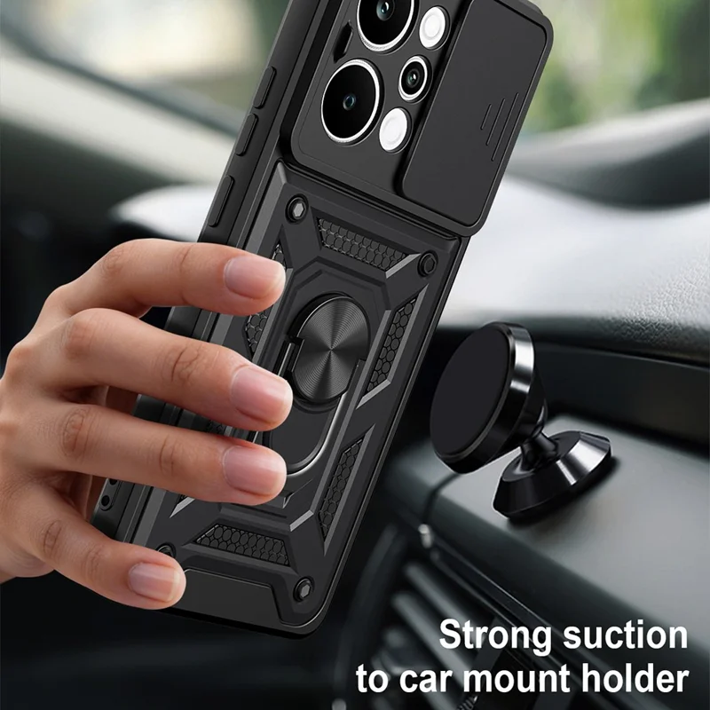 Étui pour Realme P4 Power 5G avec couvercle coulissant pour appareil photo, support pivotant en PC + TPU - Noir