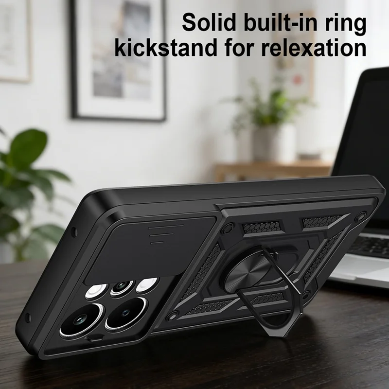 Étui pour Realme P4 Power 5G avec couvercle coulissant pour appareil photo, support pivotant en PC + TPU - Noir