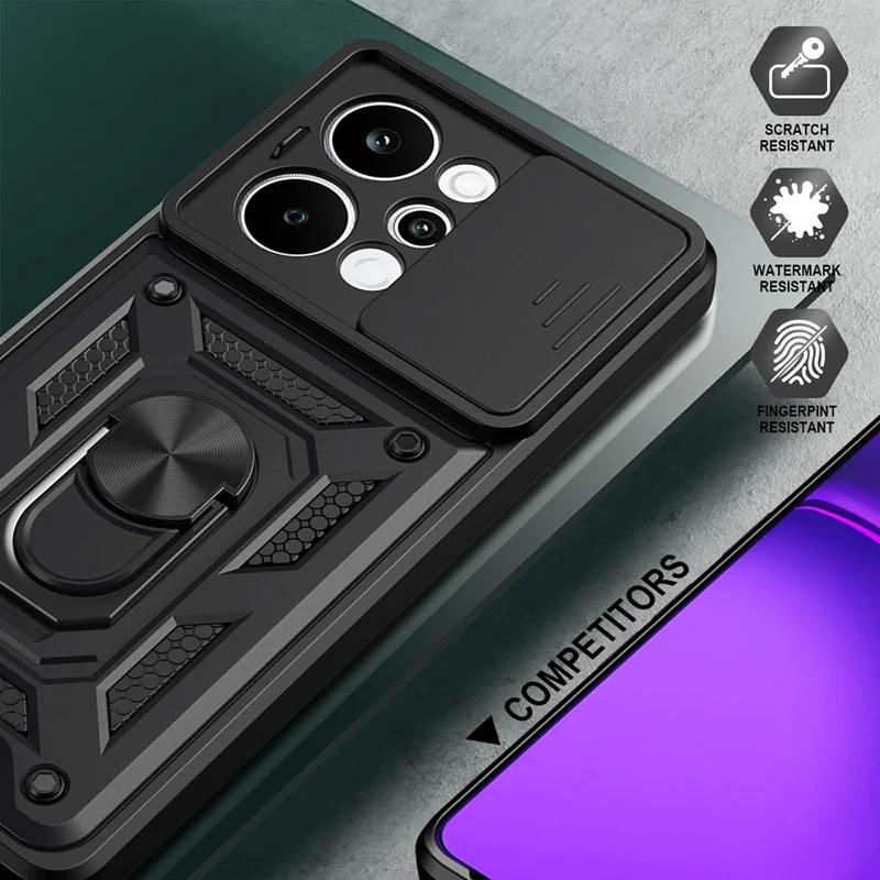 Étui pour Realme P4 Power 5G avec couvercle coulissant pour appareil photo, support pivotant en PC + TPU - Noir