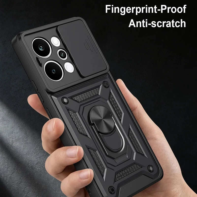 Étui pour Realme P4 Power 5G avec couvercle coulissant pour appareil photo, support pivotant en PC + TPU - Noir