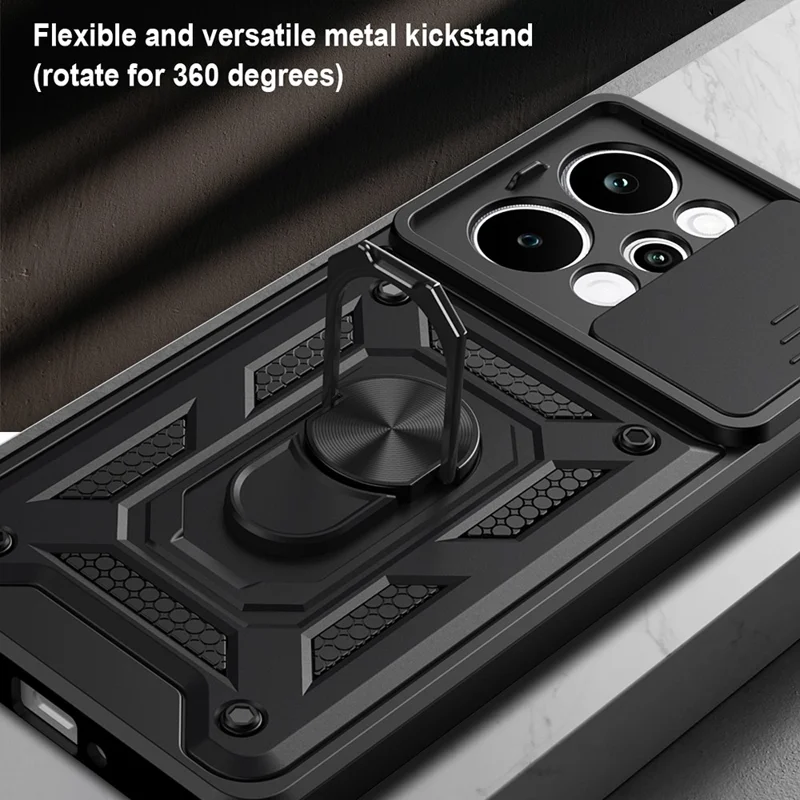Étui pour Realme P4 Power 5G avec couvercle coulissant pour appareil photo, support pivotant en PC + TPU - Noir