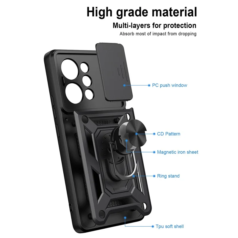 Étui pour Realme P4 Power 5G avec couvercle coulissant pour appareil photo, support pivotant en PC + TPU - Noir