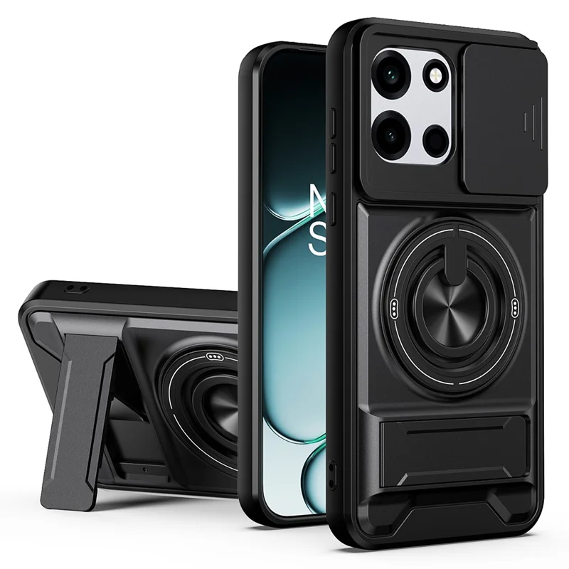 Magnetic Case For OnePlus Nord CE6 5G / Nord 6 5G / Turbo 6V 5G / Turbo 6 5G Ring Holder Foldable Kickstand TPU PC Phone Cover with Camera Lens Slider - Black