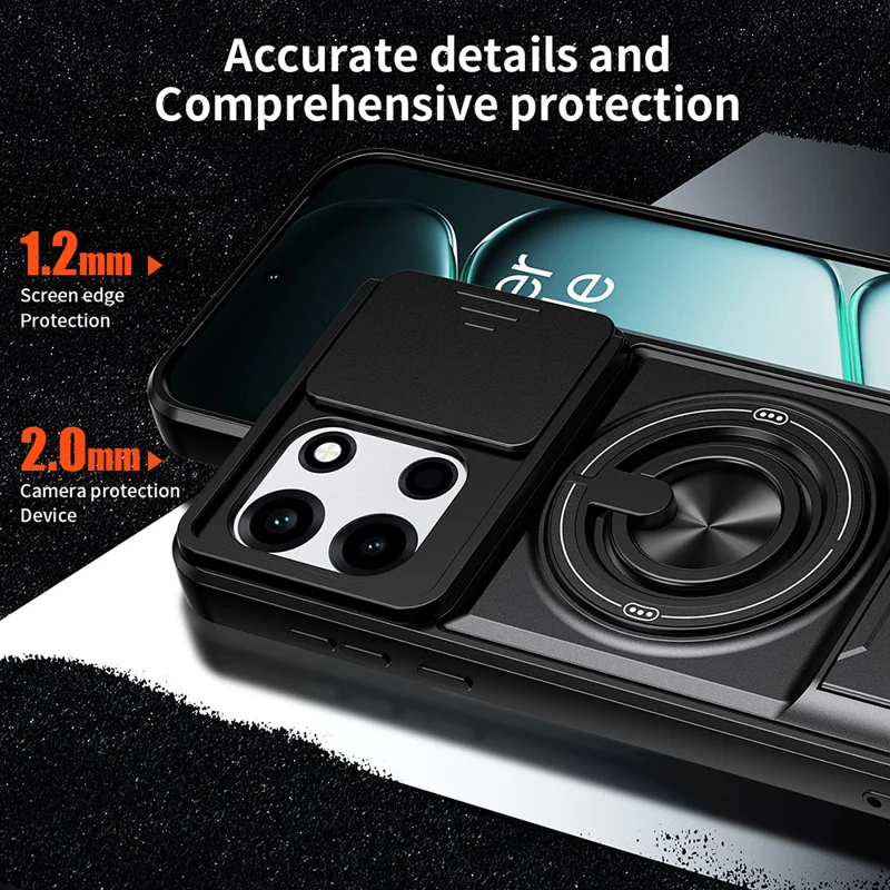 Magnetic Case For OnePlus Nord CE6 5G / Nord 6 5G / Turbo 6V 5G / Turbo 6 5G Ring Holder Foldable Kickstand TPU PC Phone Cover with Camera Lens Slider - Black