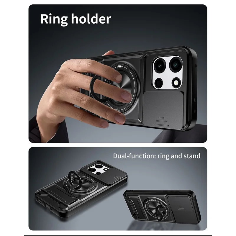 Magnetic Case For OnePlus Nord CE6 5G / Nord 6 5G / Turbo 6V 5G / Turbo 6 5G Ring Holder Foldable Kickstand TPU PC Phone Cover with Camera Lens Slider - Black