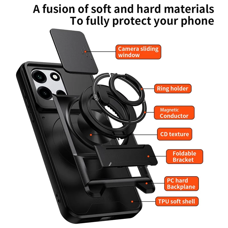 Magnetic Case For OnePlus Nord CE6 5G / Nord 6 5G / Turbo 6V 5G / Turbo 6 5G Ring Holder Foldable Kickstand TPU PC Phone Cover with Camera Lens Slider - Black