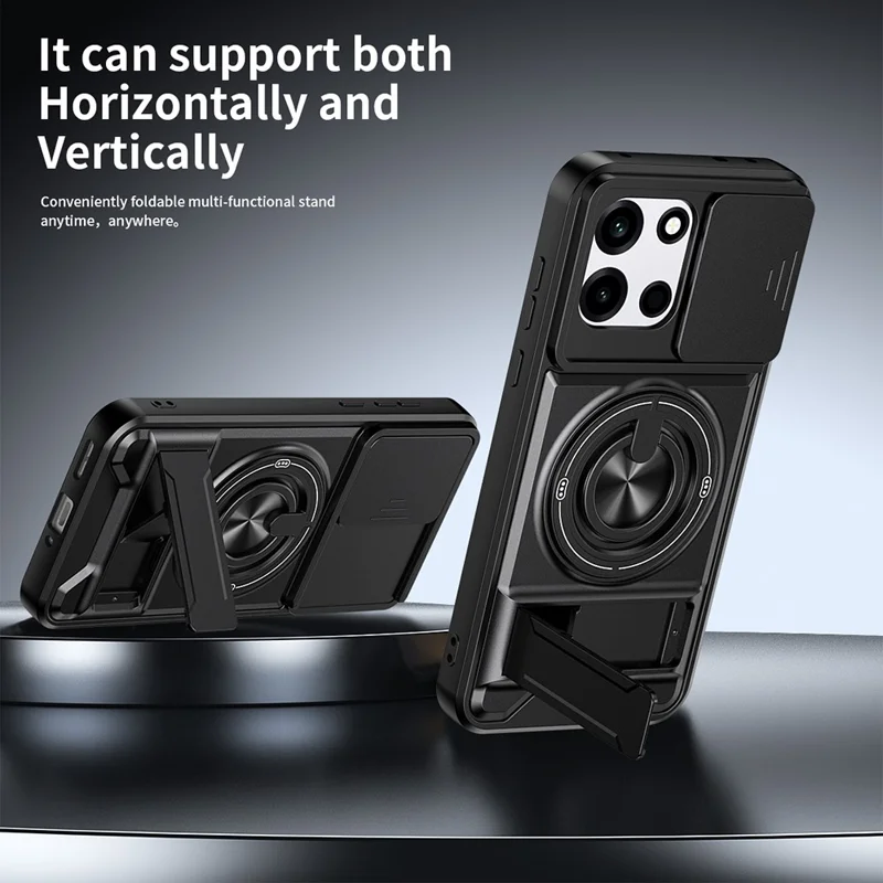 Magnetic Case For OnePlus Nord CE6 5G / Nord 6 5G / Turbo 6V 5G / Turbo 6 5G Ring Holder Foldable Kickstand TPU PC Phone Cover with Camera Lens Slider - Black