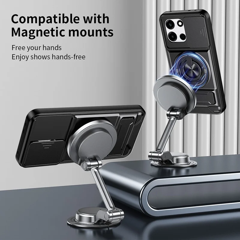 Magnetic Case For OnePlus Nord CE6 5G / Nord 6 5G / Turbo 6V 5G / Turbo 6 5G Ring Holder Foldable Kickstand TPU PC Phone Cover with Camera Lens Slider - Black