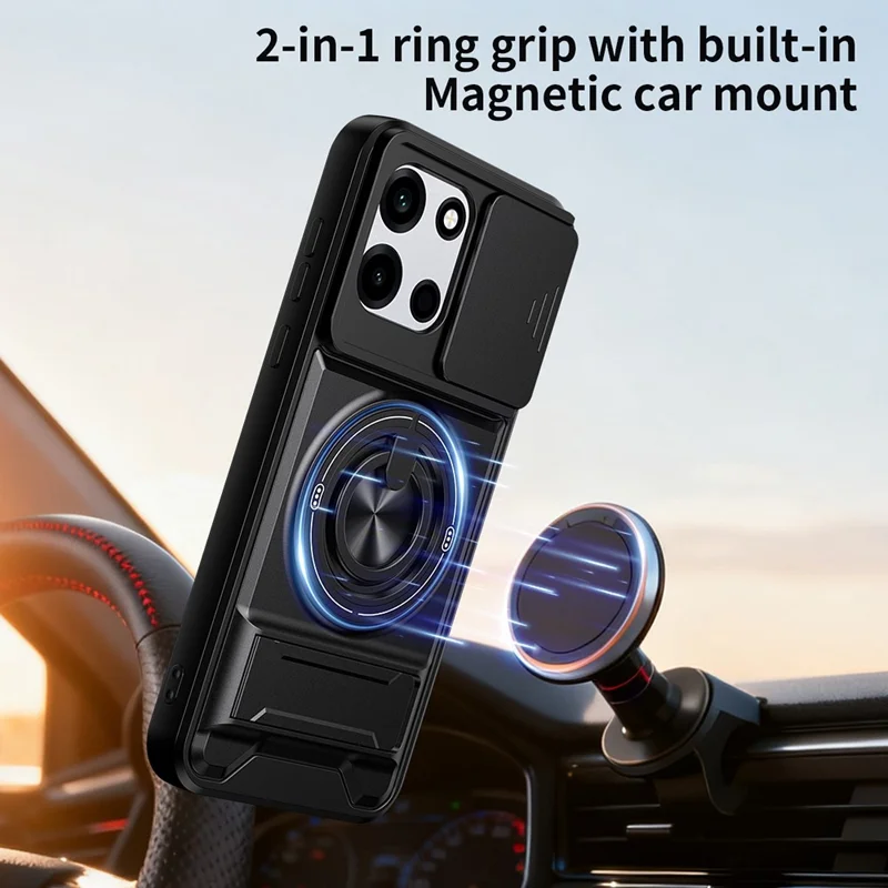 Magnetic Case For OnePlus Nord CE6 5G / Nord 6 5G / Turbo 6V 5G / Turbo 6 5G Ring Holder Foldable Kickstand TPU PC Phone Cover with Camera Lens Slider - Black