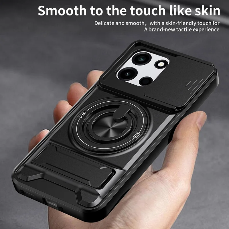 Magnetic Case For OnePlus Nord CE6 5G / Nord 6 5G / Turbo 6V 5G / Turbo 6 5G Ring Holder Foldable Kickstand TPU PC Phone Cover with Camera Lens Slider - Black