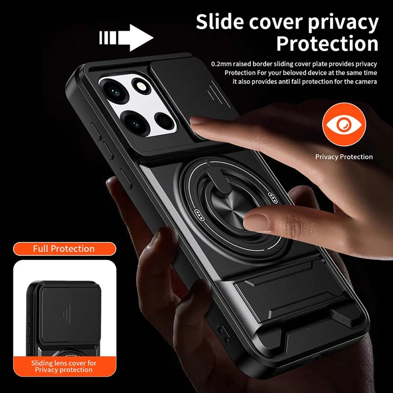 Magnetic Case For OnePlus Nord CE6 5G / Nord 6 5G / Turbo 6V 5G / Turbo 6 5G Ring Holder Foldable Kickstand TPU PC Phone Cover with Camera Lens Slider - Black