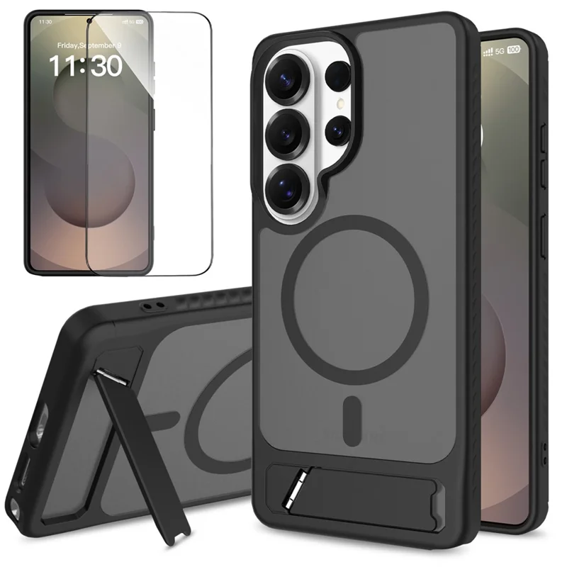 For Samsung Galaxy S26 Ultra Magnetic Case Kickstand Slim TPU PC Cover with Tempered Glass Screen Protector - Black