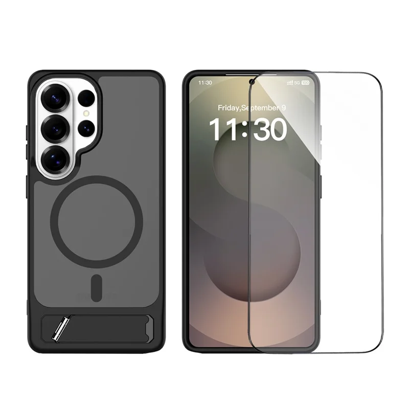 For Samsung Galaxy S26 Ultra Magnetic Case Kickstand Slim TPU PC Cover with Tempered Glass Screen Protector - Black