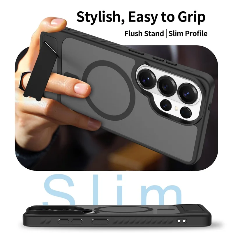 For Samsung Galaxy S26 Ultra Magnetic Case Kickstand Slim TPU PC Cover with Tempered Glass Screen Protector - Black