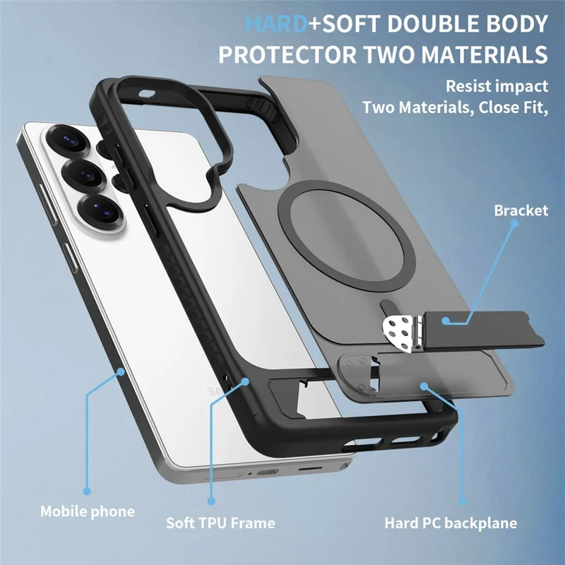 For Samsung Galaxy S26 Ultra Magnetic Case Kickstand Slim TPU PC Cover with Tempered Glass Screen Protector - Black