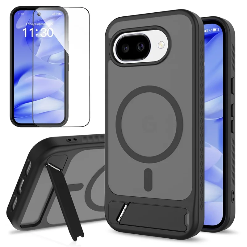For Google Pixel 10a Magnetic Case Kickstand Slim TPU PC Cover with Tempered Glass Screen Protector - Black