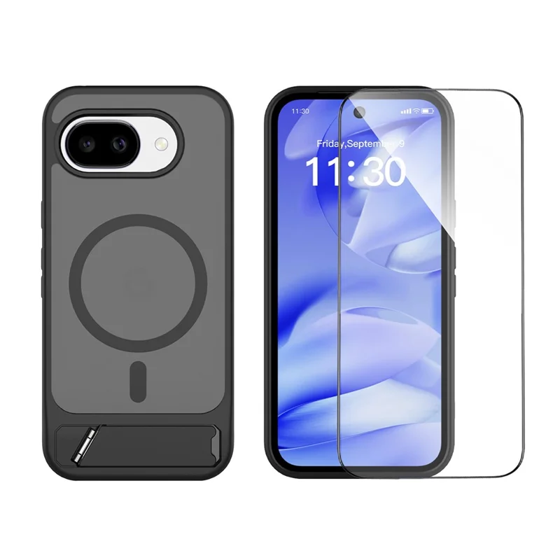 For Google Pixel 10a Magnetic Case Kickstand Slim TPU PC Cover with Tempered Glass Screen Protector - Black